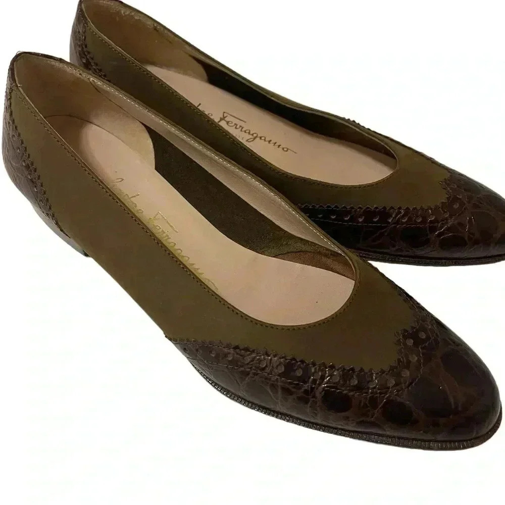 Salvatore Ferragamo crocodile flat Brown and Green size 6